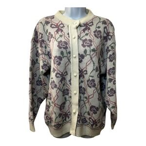VTG Y2K Floral Bow Knit Cardigan Women’s Large‎ Coquette Pastel Purple Feminine